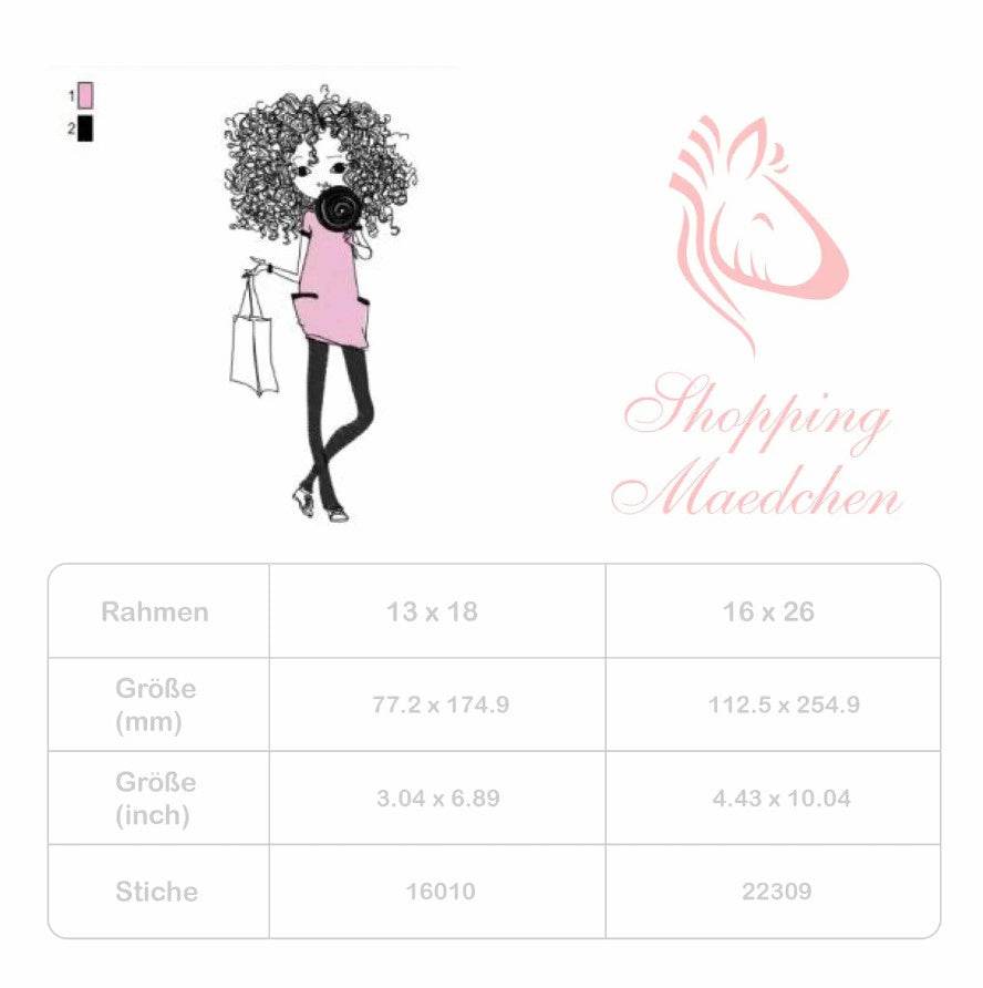 Shopping Mädchen Stickdatei, lässiges City-Doodle mit Lockenmähne für deine Stickmaschine - Sewando