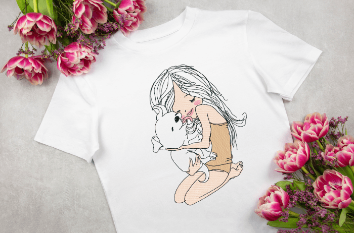 Mädchen mit Hund Stickdatei, zärtiges Motiv eines Mädchens mit Welpen für deine Stickmaschine. - Sewando