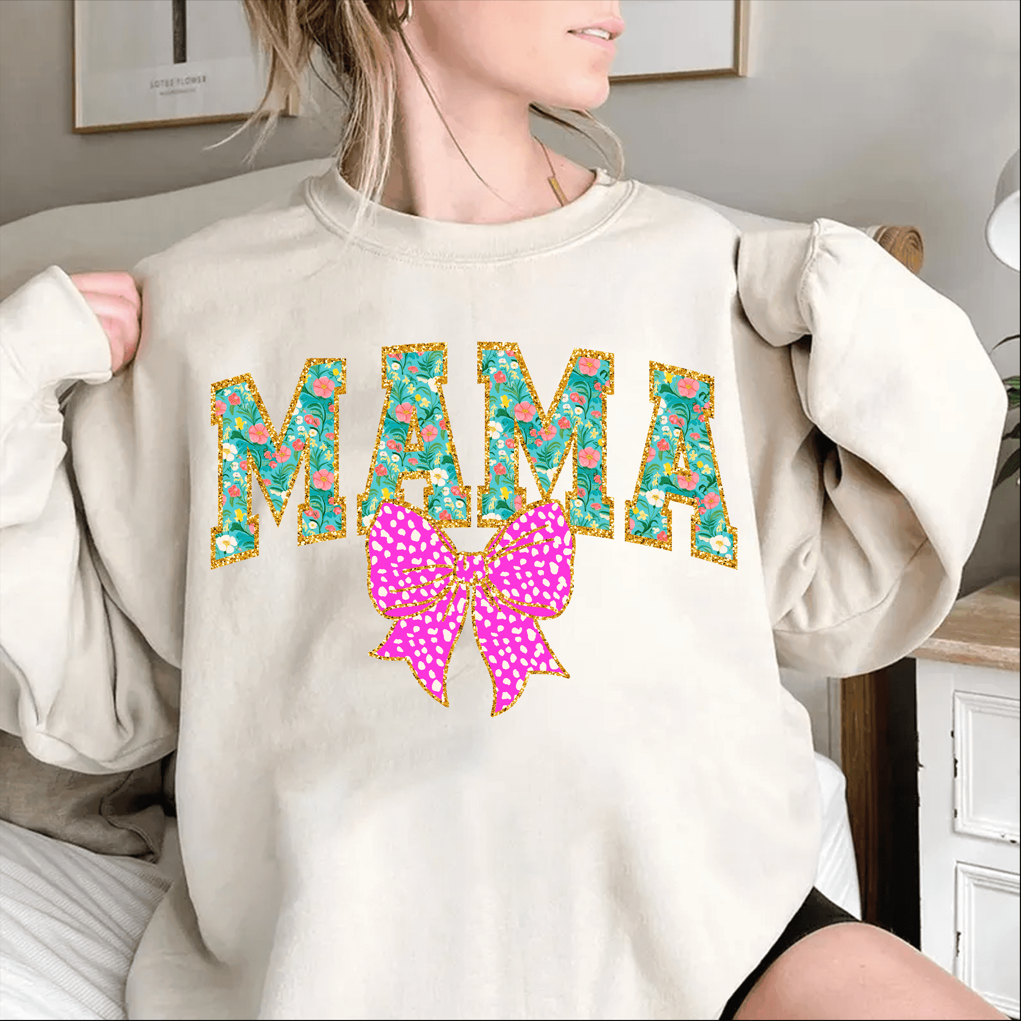Mama PNG mit floralen Buchstaben & pinker Schleife Bügelbild Druck - Sewando