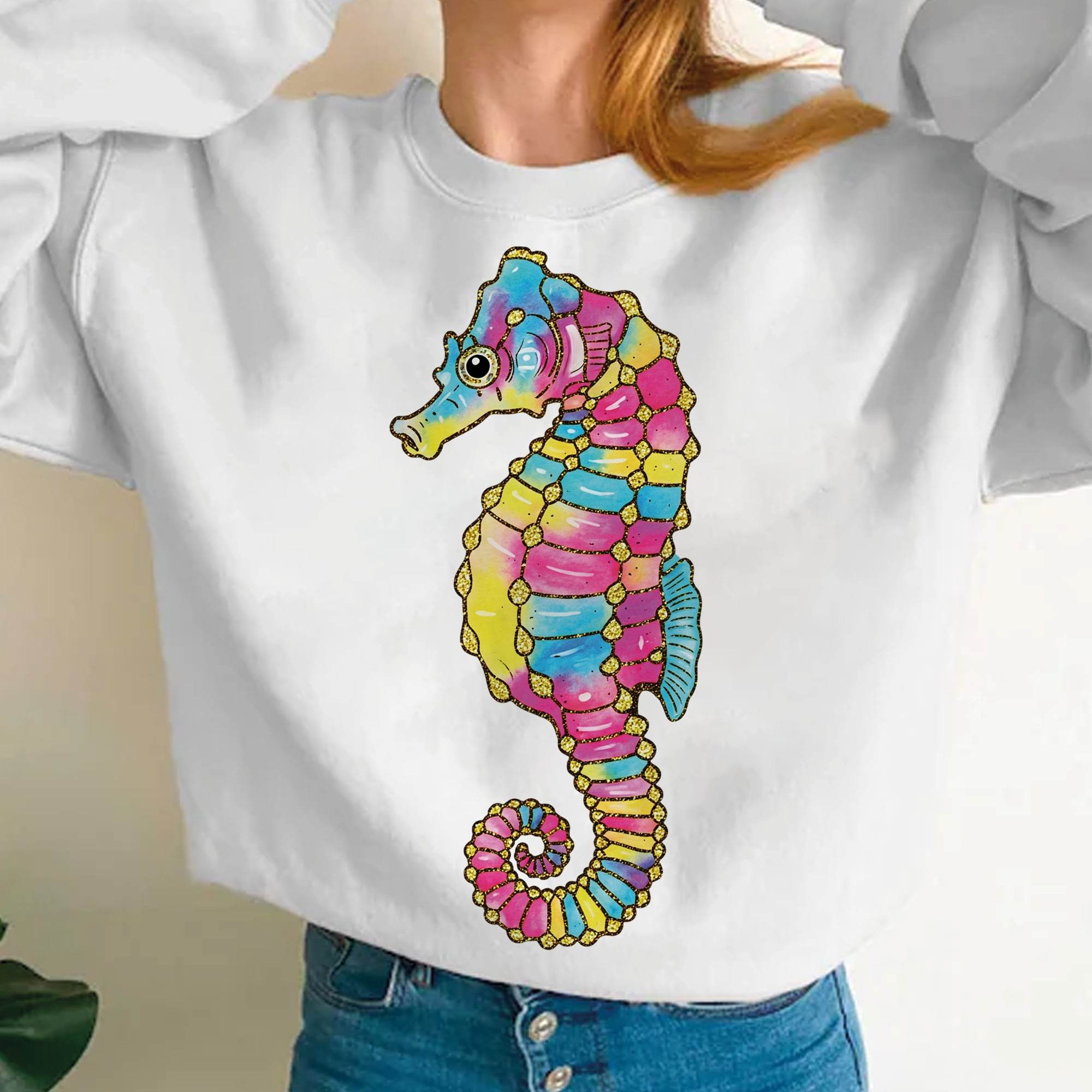 Seepferdchen in Regenbogenfarben – Bügelbild mit Glittereffekt (1 PNG) - Sewando