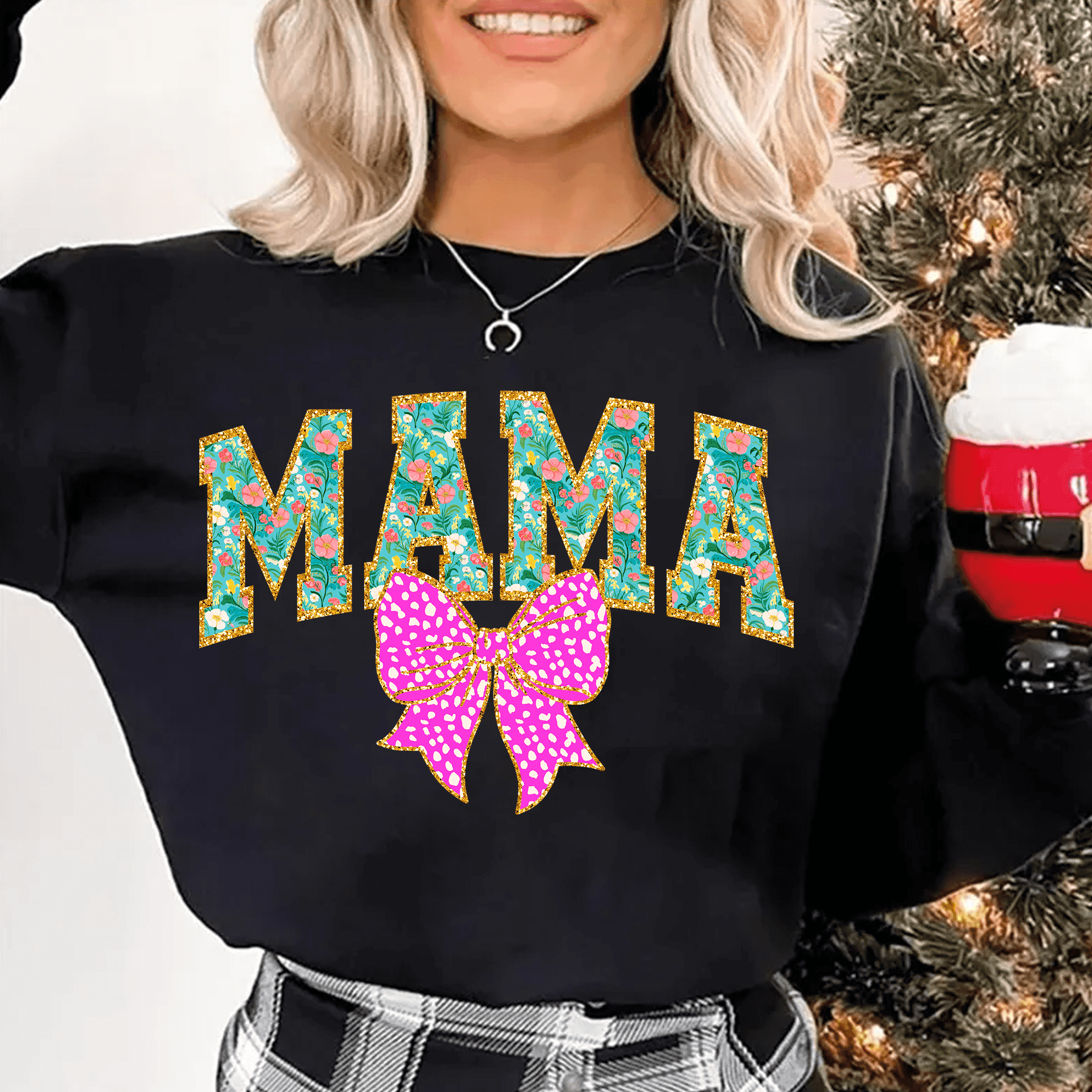 Mama PNG mit floralen Buchstaben & pinker Schleife Bügelbild Druck - Sewando