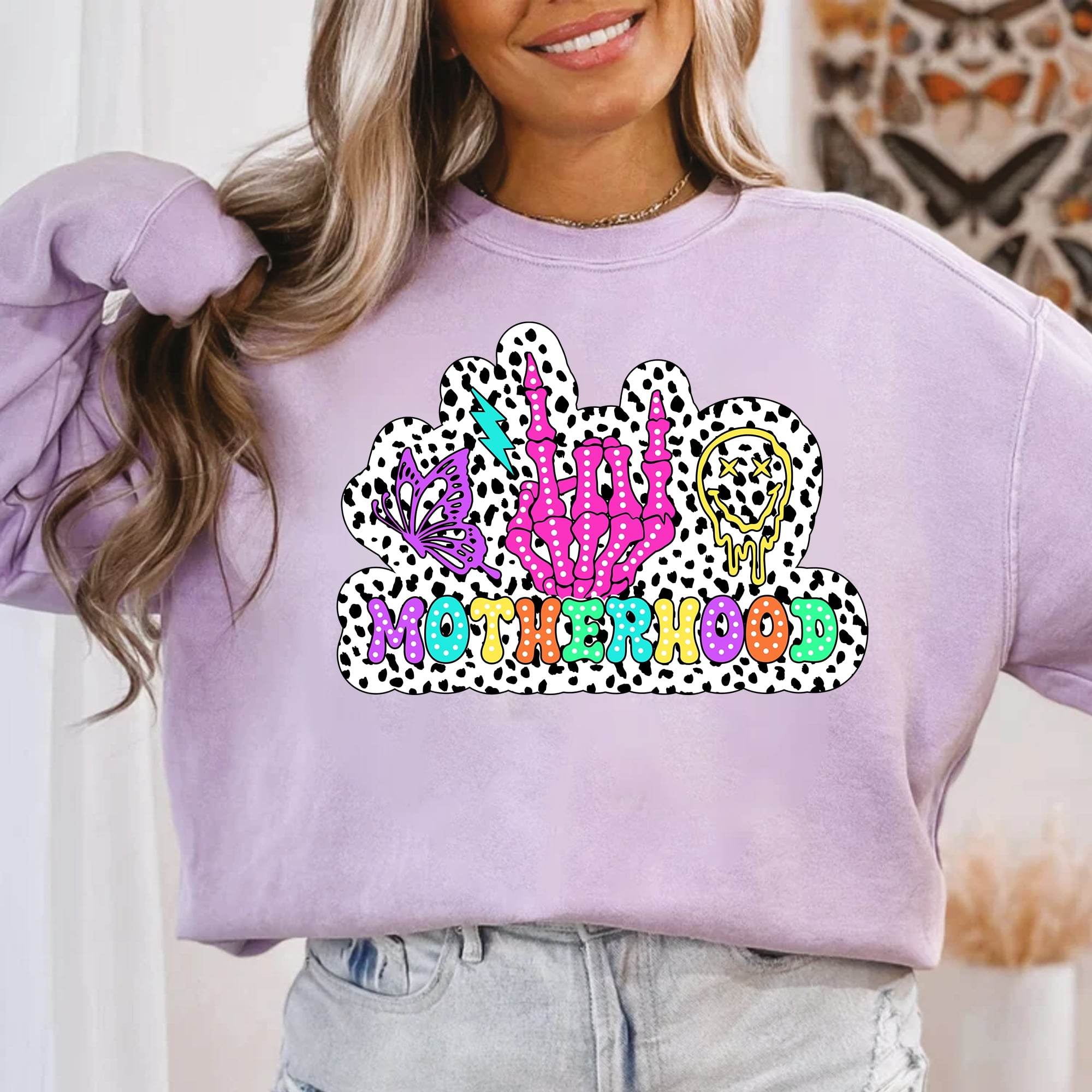 Motherhood – Punky Bügelbild mit Skelett-Hand, Neonfarben & Dalmatiner-Print - Sewando