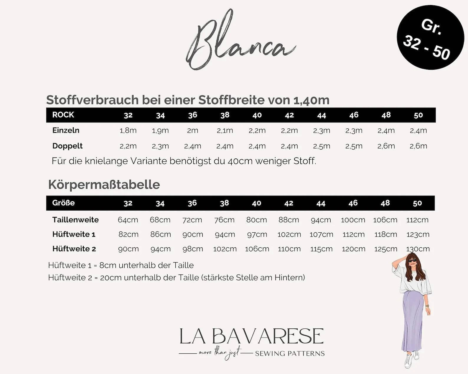 Satinrock Maxirock BLANCA, Gr. 32-50, PDF Schnittmuster - Sewando