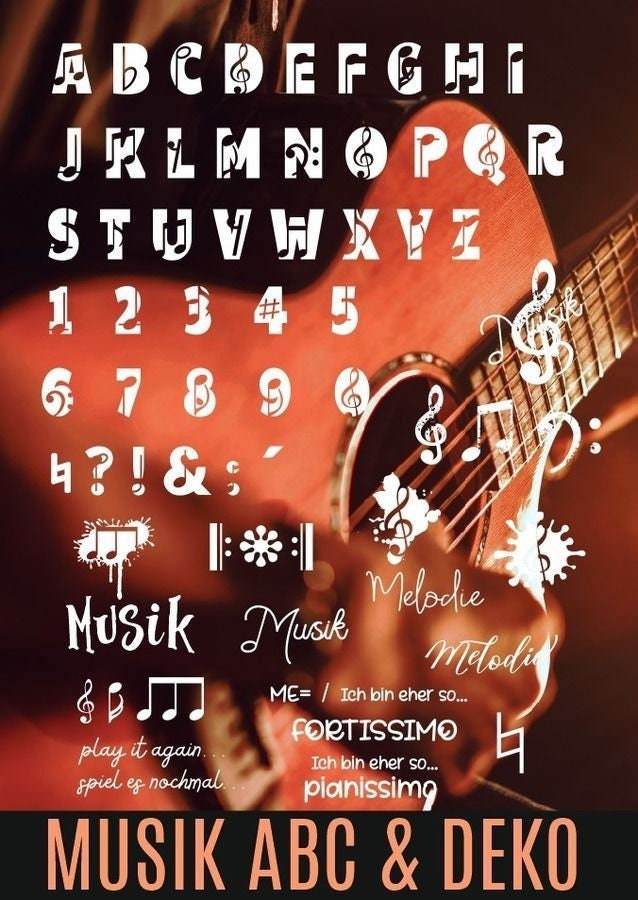 MUSIK ALPHABET A-Z und 0-9 Textmotiven und tolle Deko als Plottdatei in als svg, dxf, pdf, eps - Sewando