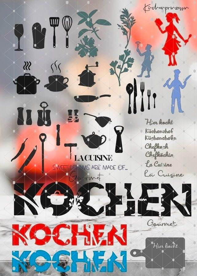 KOCHEN inkl. MEGA DEKO Trash/Splash für Küche, als svg, dxf Plottdatei Plotterdatei und png zum drucken - Sewando