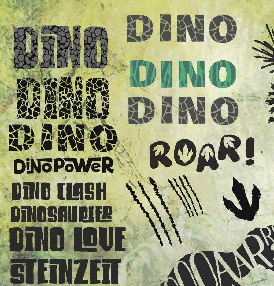 Dino Power Dinosaurier Mega-Deko über 20 Elemente & Bonus Trash und Splash, Plotter und Laser-Datei als SVG und DXF und png zum drucken - Sewando