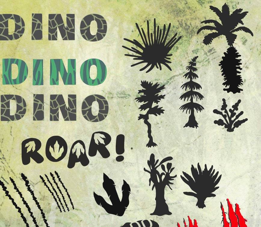 Dino Power Dinosaurier Mega-Deko über 20 Elemente & Bonus Trash und Splash, Plotter und Laser-Datei als SVG und DXF und png zum drucken - Sewando