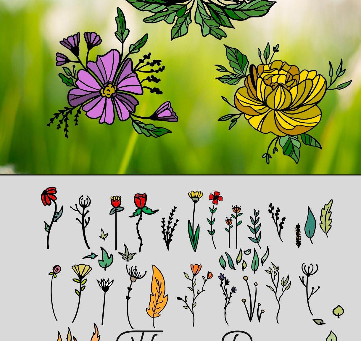 Plotter-SPARSET - FLOWER POWER Doodle und die 3 Glas-Blumen und Bonus Vasen SVG und DXF - Sewando