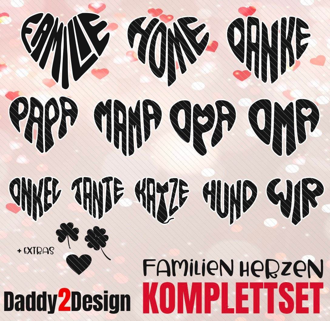 Familien Herzen - KOMPLETT SET, Plotter und Laser-Datei als SVG und DXF - Sewando