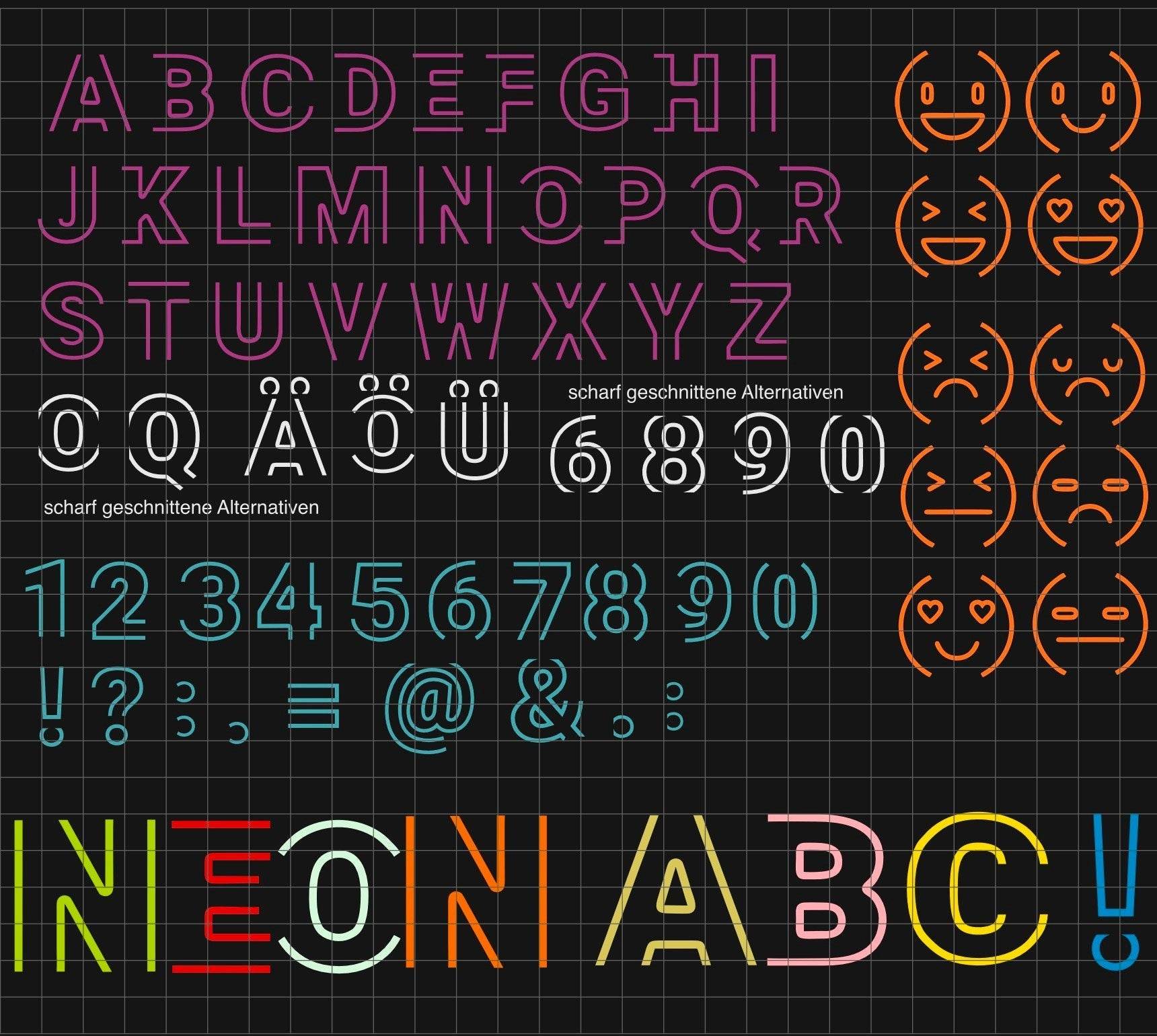 Neon ABC inkl. Smileys und Zahlen KOMPLETT, Plotter und Laser-Datei als SVG und DXF - Sewando