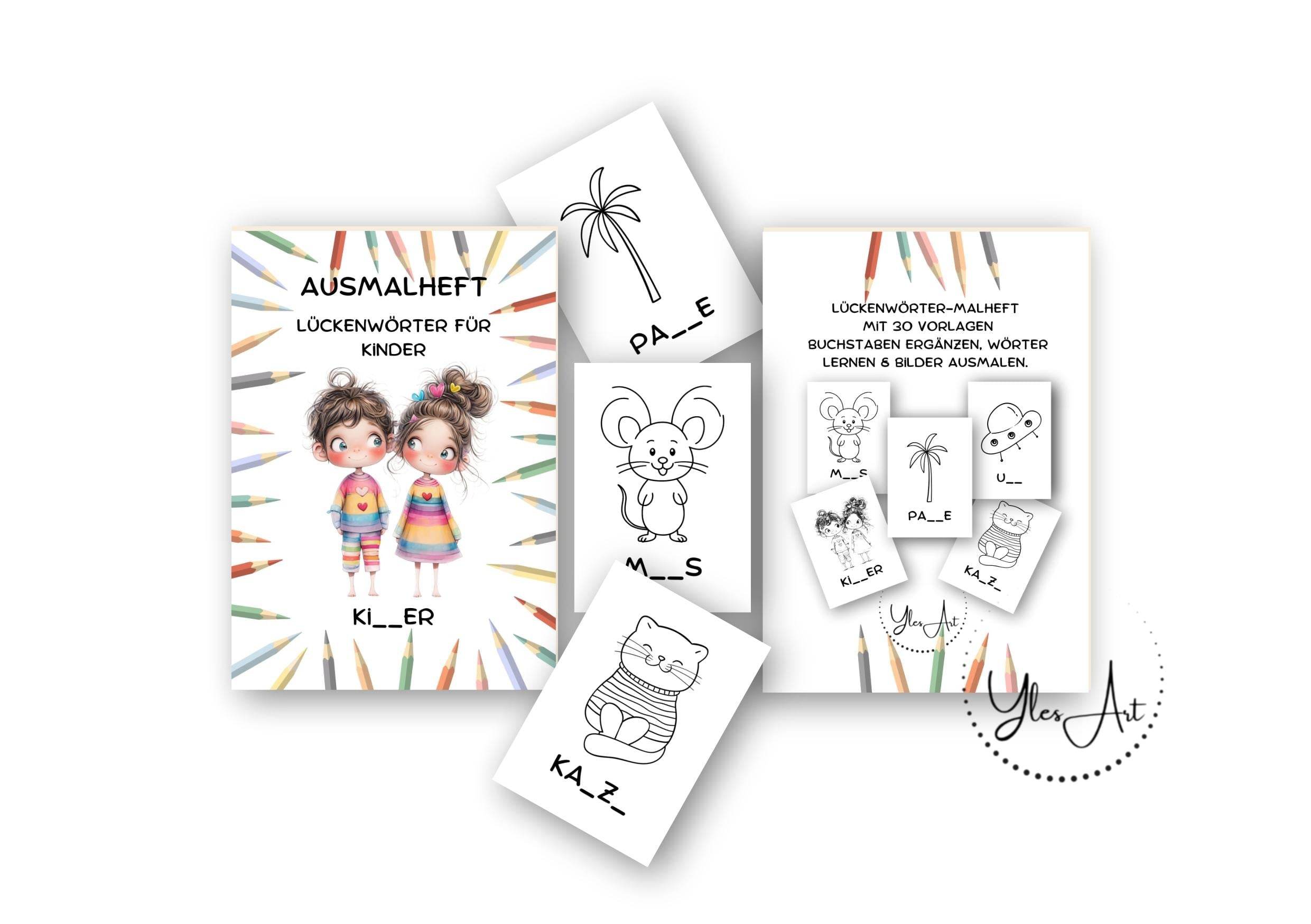 Lückenwörter-Malheft/Malvorlagen – 30 kreative Vorlagen zum Lernen & Ausmalen - Sewando