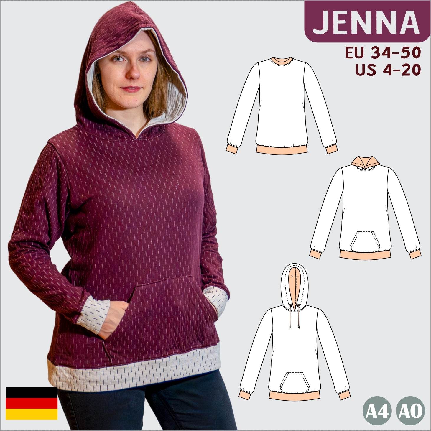 Schnittmuster Jenna – Hoodie & Pullover mit Kapuze oder Kragen Gr. 34-50 / BU 80-116 - Sewando