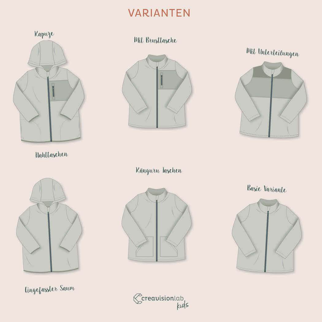 Schnittmuster vielseitige Kinder Fleecejacke Gr. 86 - 164 - Sewando
