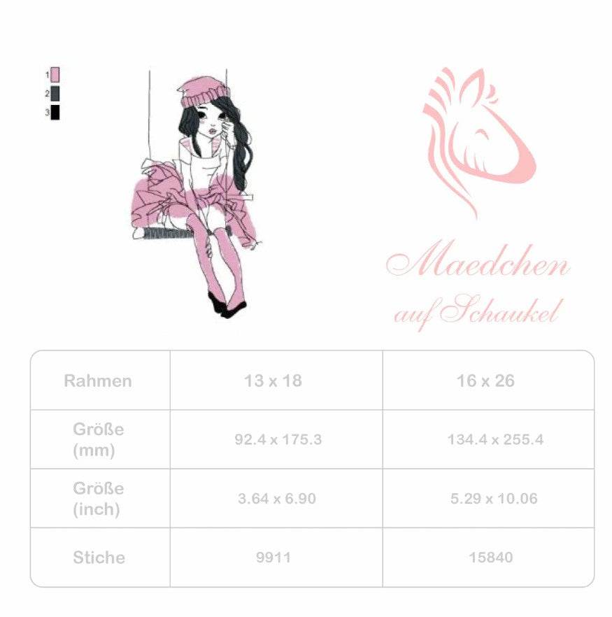 Mädchen auf Schaukel Stickdatei, zartes Doodle-Motiv mit verträumter Schaukelszene für deine Stickmaschine - Sewando