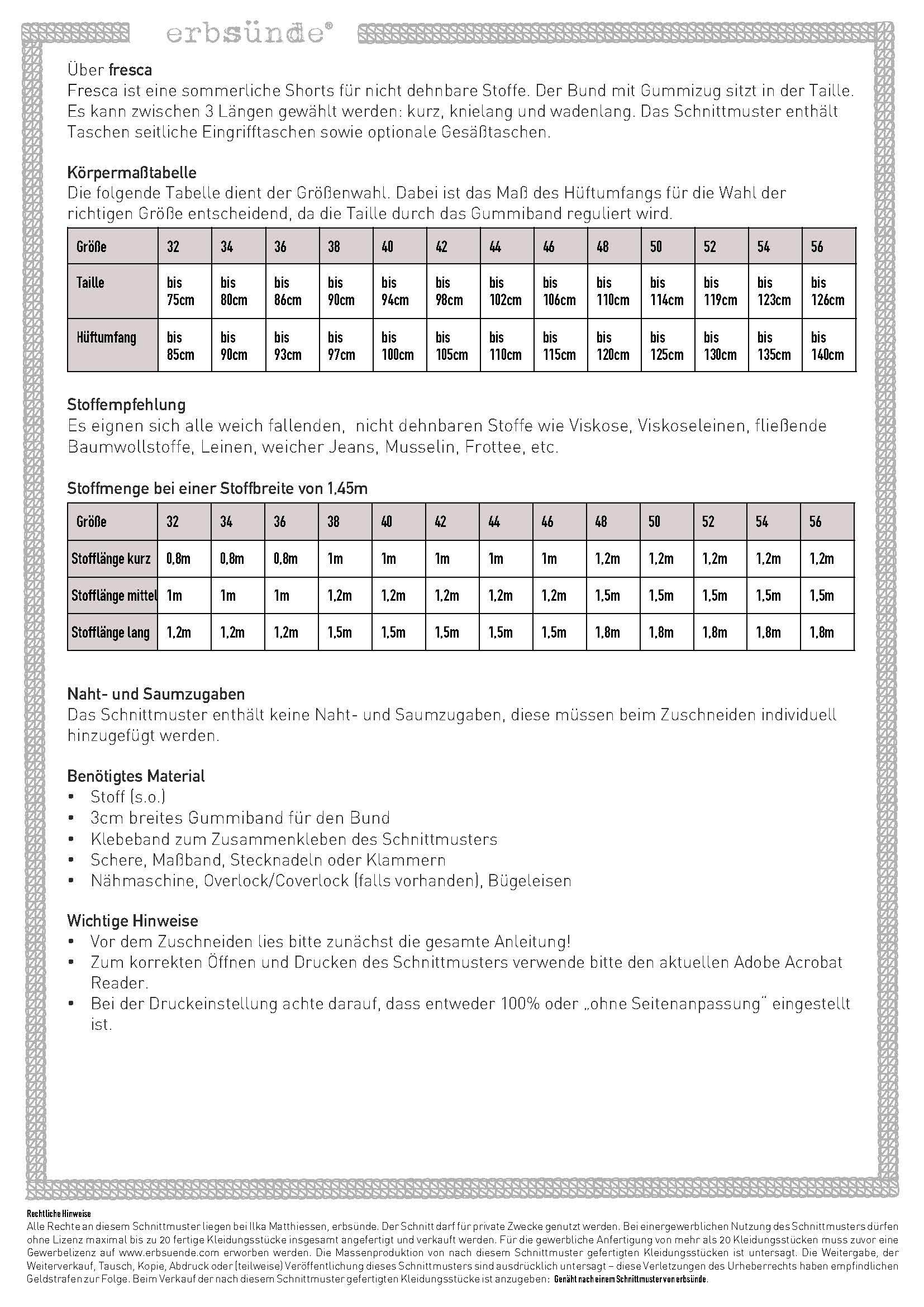 Schnittmuster Shorts Bermuda in 3 Längen FRESCA (32-56) - Sewando