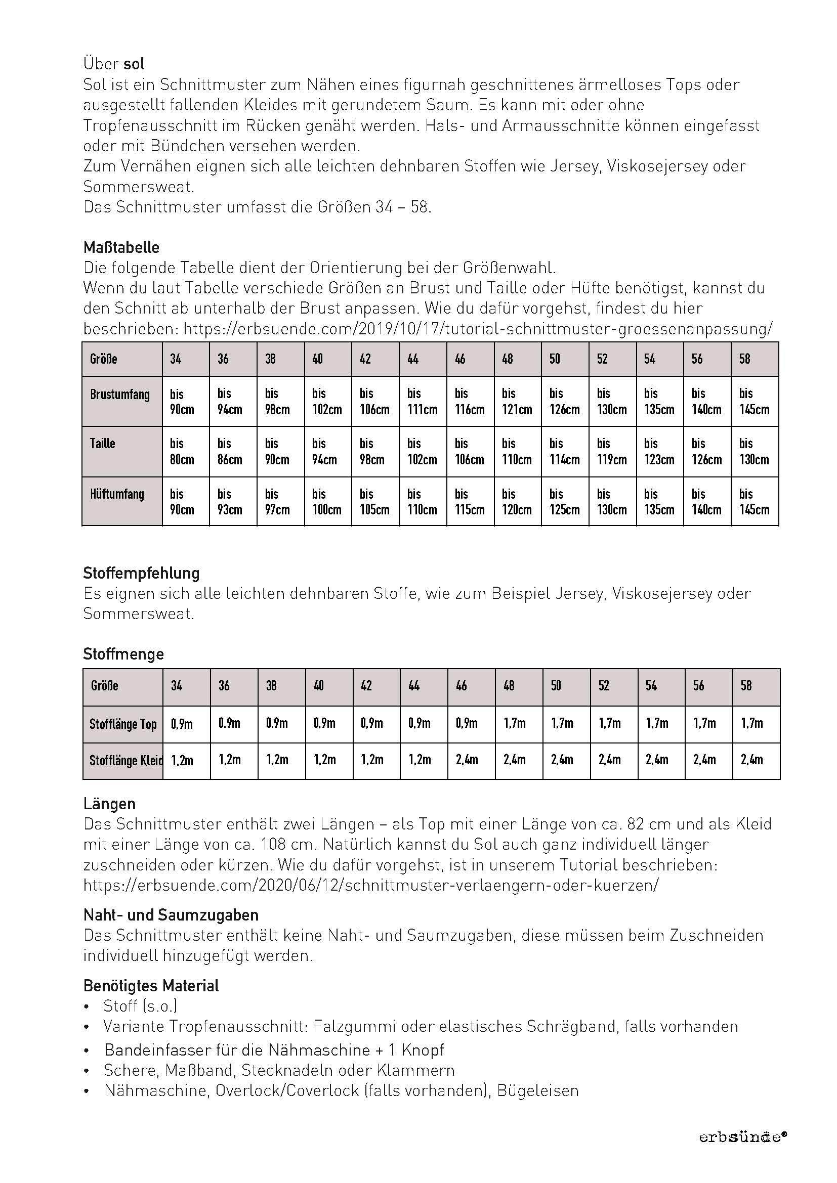 Schnittmuster Top, Trägerkleid SOL (34-58) - Sewando