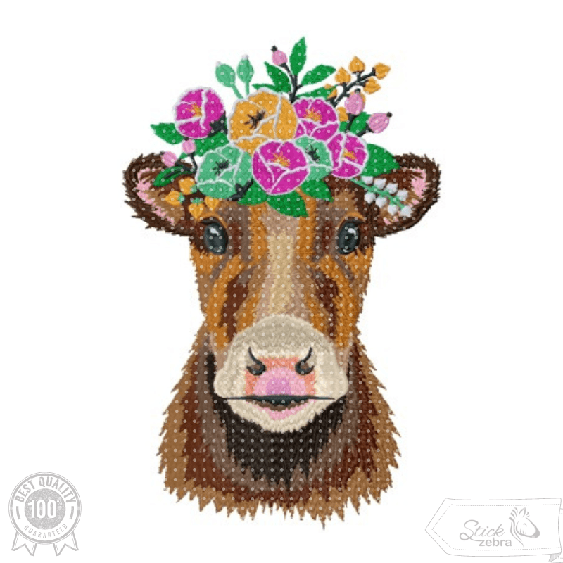Kuh Stickdatei mit Blumenkrone – ländlich, fröhlich und farbenfroh - Sewando