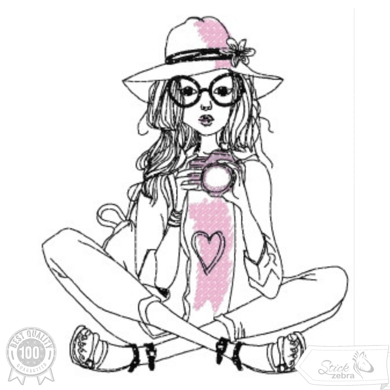 Mädchen mit Fotoapparat Stickdatei, süßes Fotomotiv eines Mädchens mit Kamera für deine Stickmaschine - Sewando