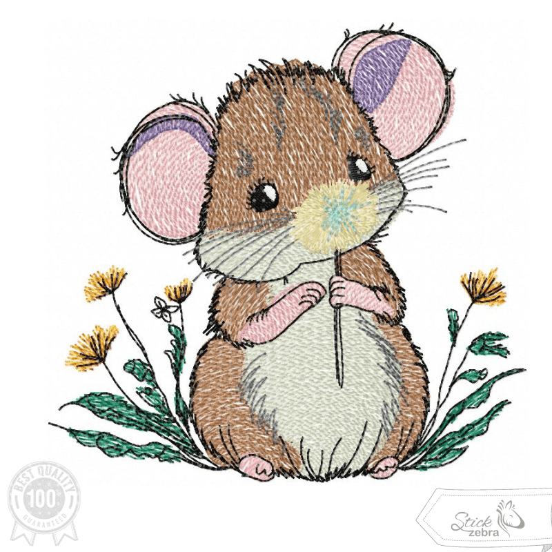 Maus Stickdatei – niedliches Tiermotiv mit Blümchen für deine Stickmaschine - Sewando