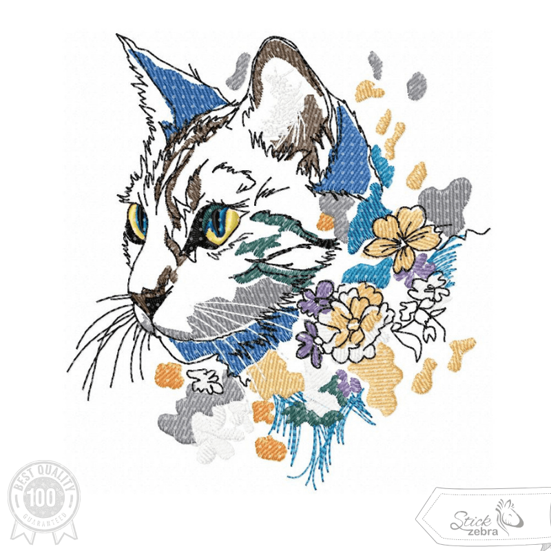 Katzenkopf mit floraler Umrahmung im Doodle-Stil für deine Stickmaschine - Sewando