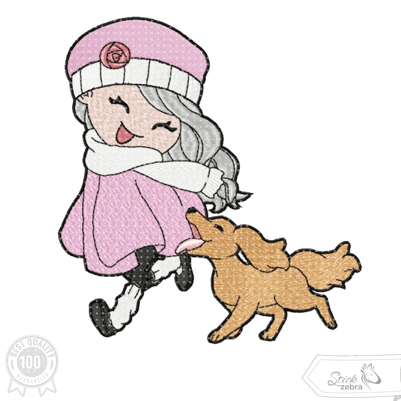 Mädchen Stickdatei – Winterliches Motiv mit Hund und ganz viel Herz - Sewando