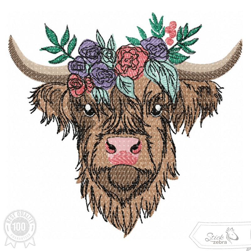 Highland Rind mit Blumenkranz – Stickdatei für deine Stickmaschine - Sewando