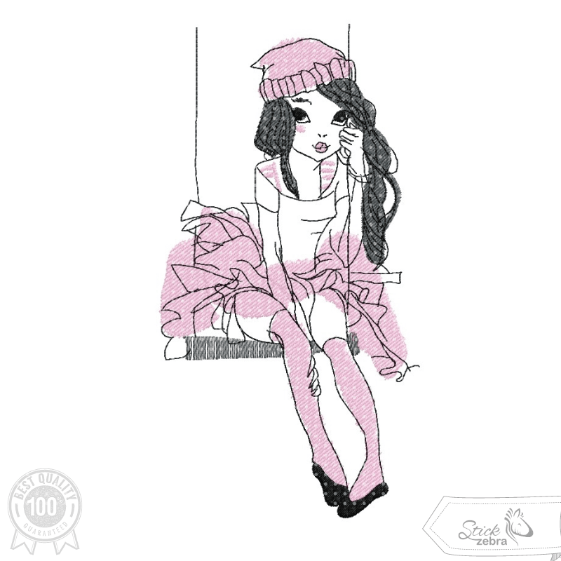 Mädchen auf Schaukel Stickdatei, zartes Doodle-Motiv mit verträumter Schaukelszene für deine Stickmaschine - Sewando