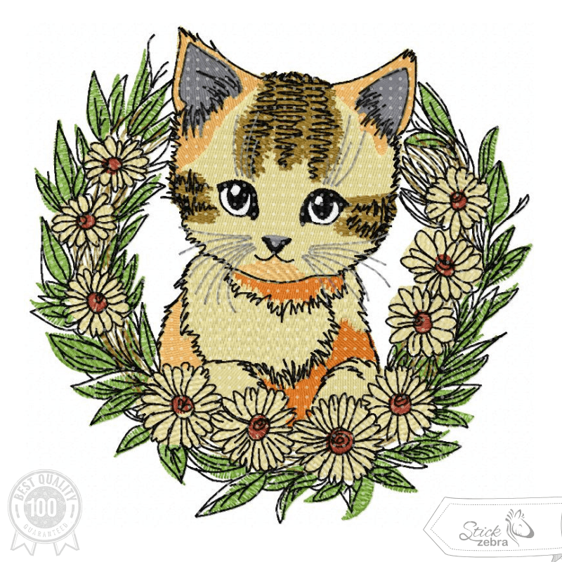 Katze Stickdatei – süßes Kätzchen im Gänseblümchenkranz für deine Stickmaschine - Sewando