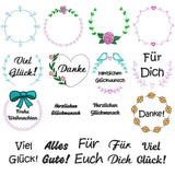 Stickdatei Set Rahmen und Schriftzüge Danke, Viel Glück, Für Euch, Für Dich, Herzlichen Glückwunsch, Frohe Weihnachten - Sewando
