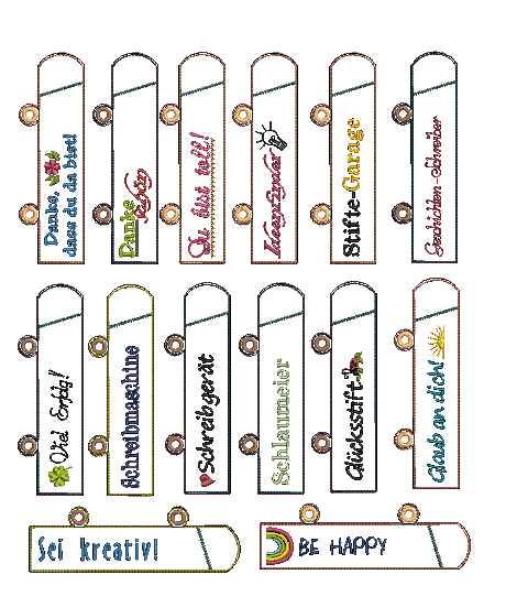 ITH Stickdatei Ringbuch Ordner Etuis Stifteetui schmal für Kugelschreiber 14 Motive - Sewando