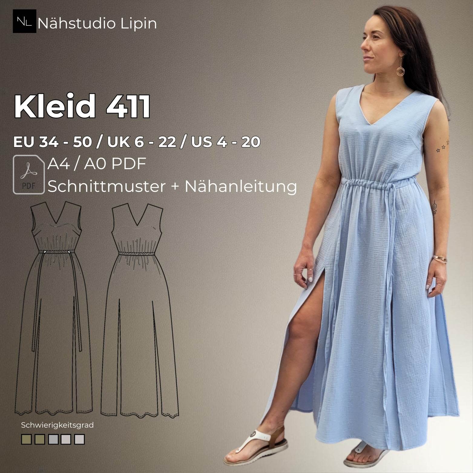 langes Sommerkleid, Kleid mit V-Ausschnitt, ärmellos, A-Linie, Kleid mit Schlitz, Größe 34 - 50 - Sewando