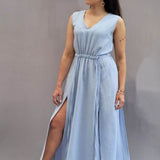 langes Sommerkleid, Kleid mit V-Ausschnitt, ärmellos, A-Linie, Kleid mit Schlitz, Größe 34 - 50 - Sewando