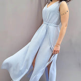 langes Sommerkleid, Kleid mit V-Ausschnitt, ärmellos, A-Linie, Kleid mit Schlitz, Größe 34 - 50 - Sewando