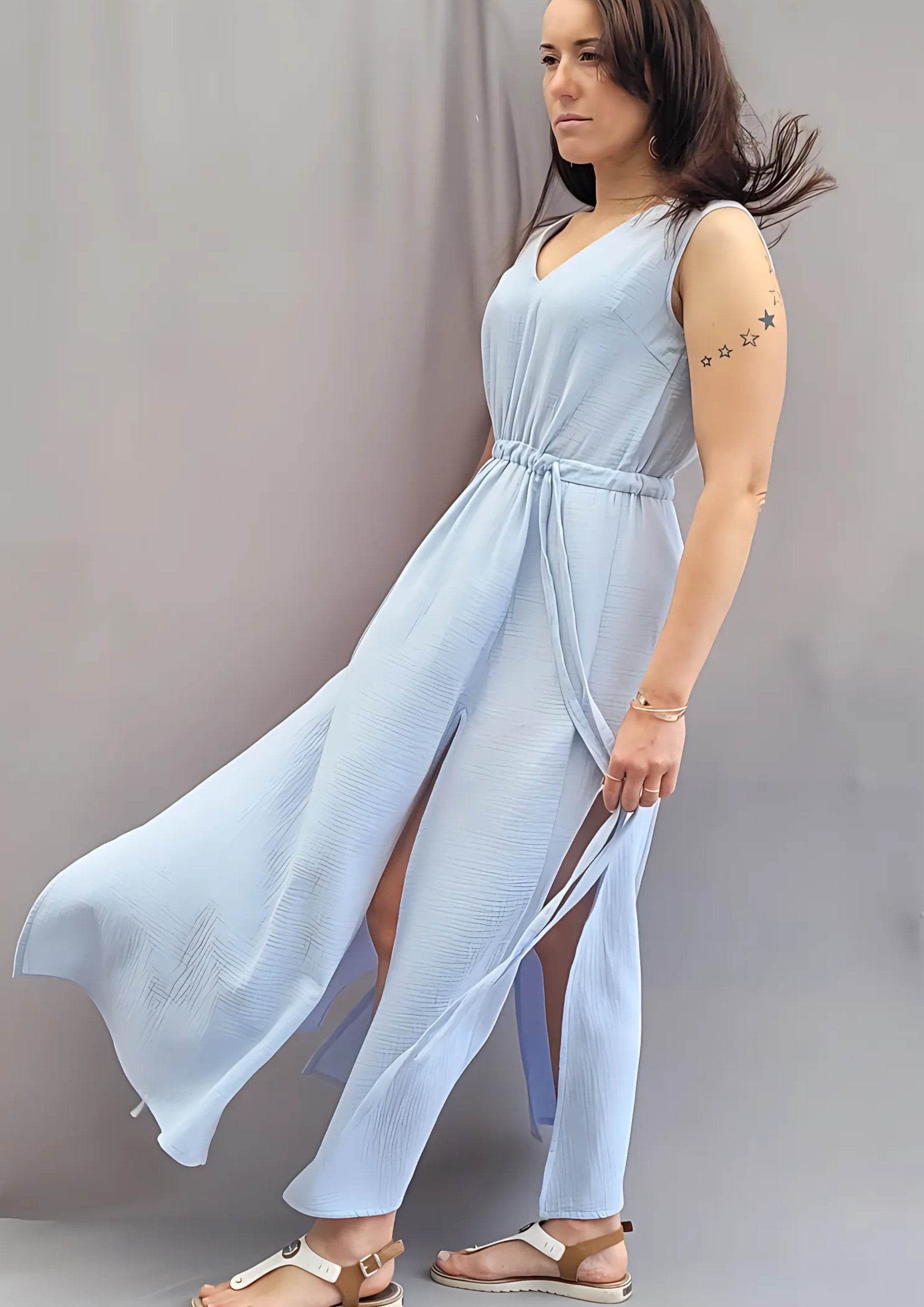 langes Sommerkleid, Kleid mit V-Ausschnitt, ärmellos, A-Linie, Kleid mit Schlitz, Größe 34 - 50 - Sewando