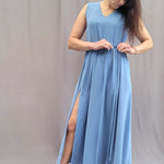 langes Sommerkleid, Kleid mit V-Ausschnitt, ärmellos, A-Linie, Kleid mit Schlitz, Größe 34 - 50 - Sewando