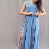 langes Sommerkleid, Kleid mit V-Ausschnitt, ärmellos, A-Linie, Kleid mit Schlitz, Größe 34 - 50 - Sewando