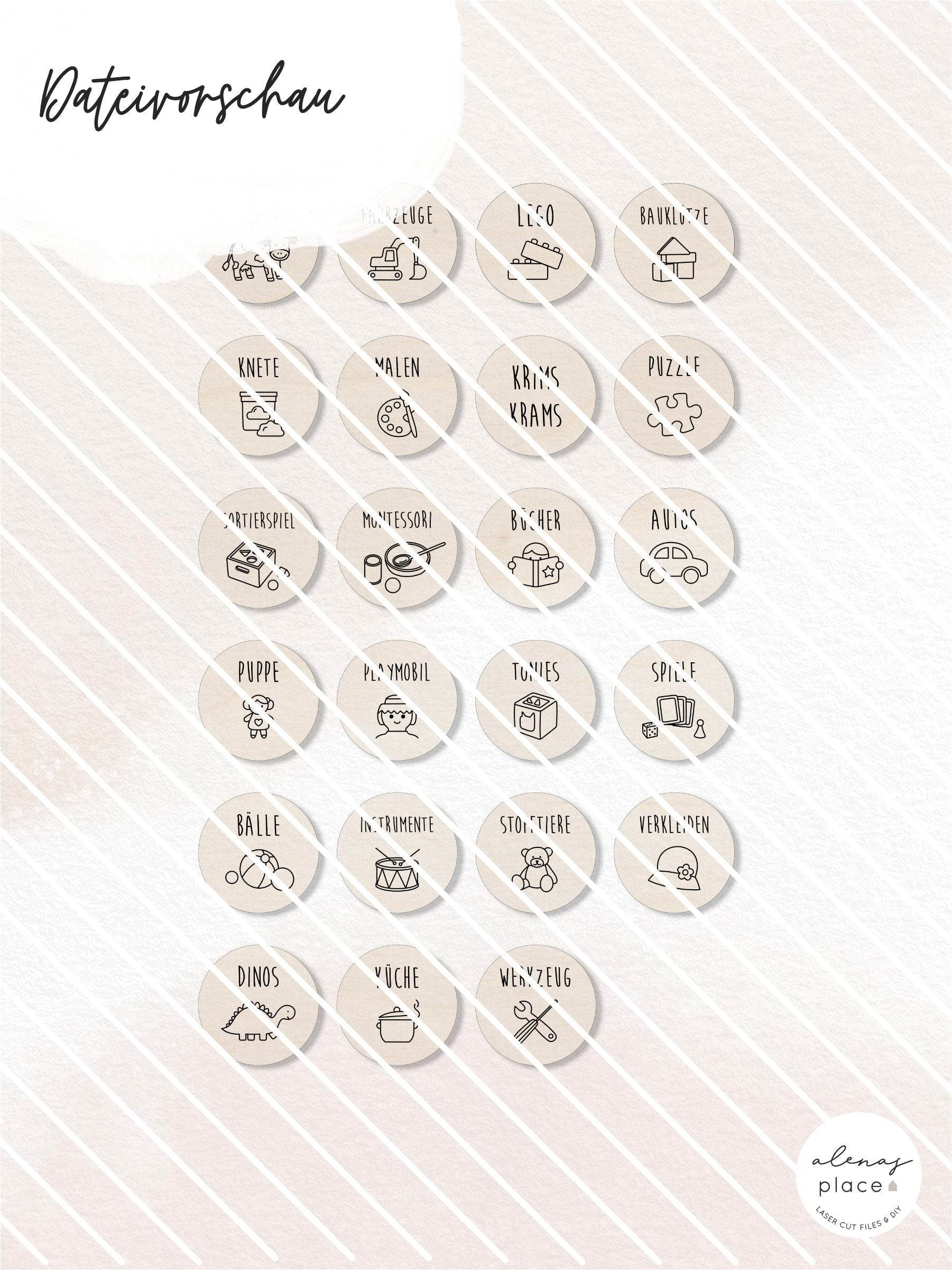 Laserdatei | 23 Schilder zur Spielzeugaufbewahrung | inkl. Gewerbelizenz - Sewando