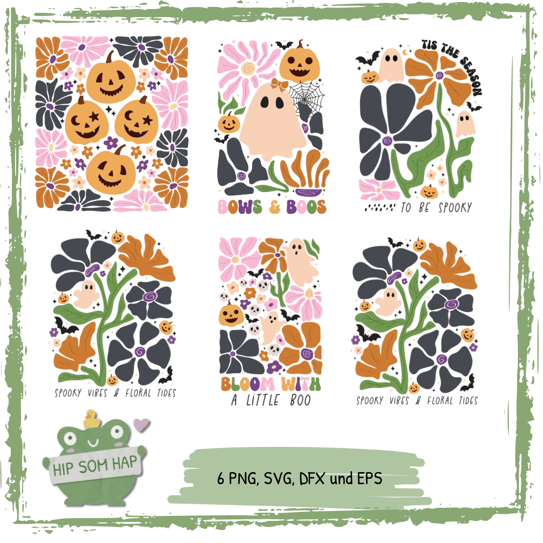 Plotterdatei Halloween Set – Geister & Kürbisse mit Blumen, 6 Motive - Sewando