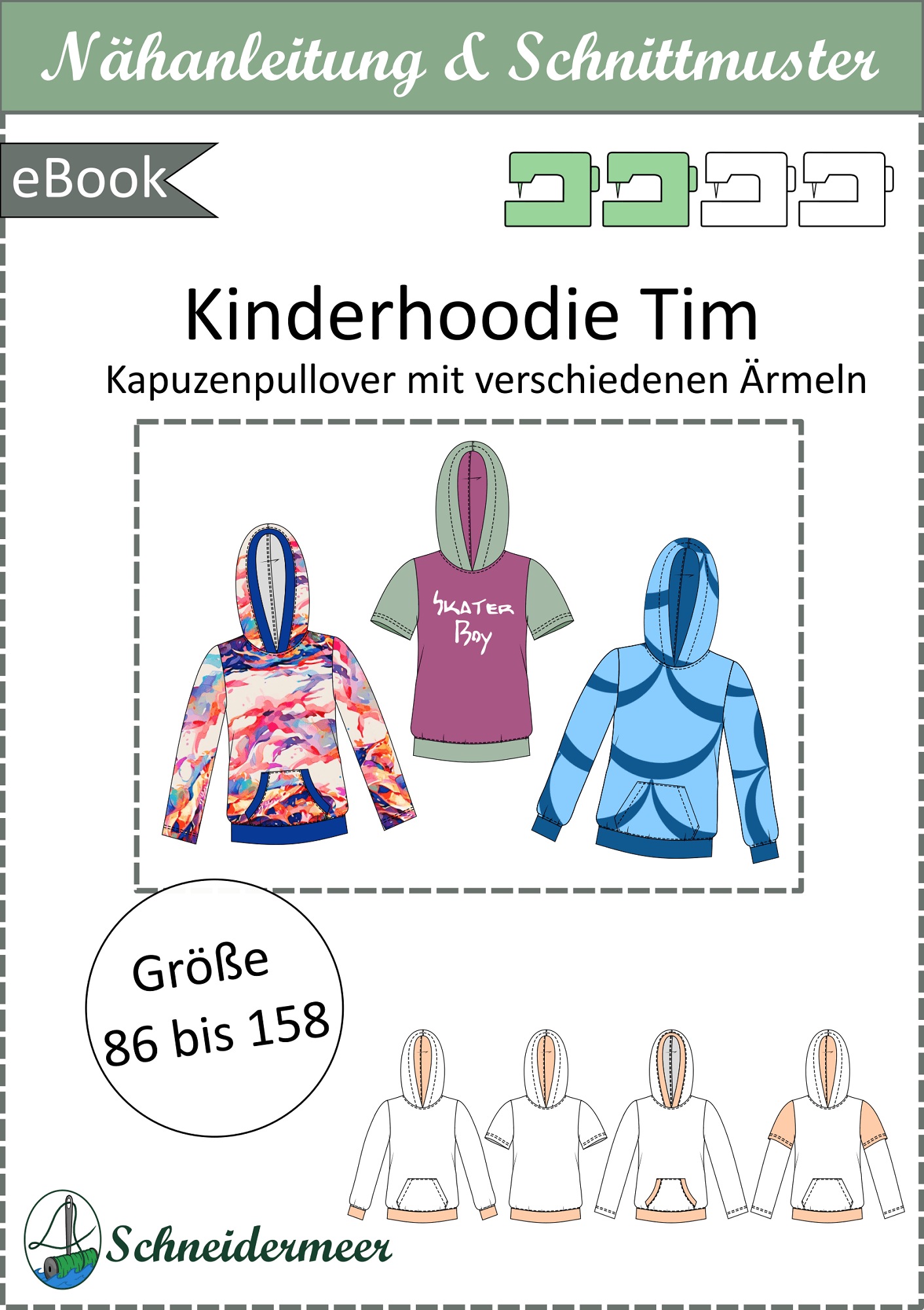 Schnittmuster Tim – Kinderhoodie mit Kapuze, lange, kurze Ärmel & Kängurutasche Gr. 86-158 - Sewando