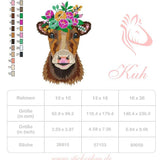 Kuh Stickdatei mit Blumenkrone – ländlich, fröhlich und farbenfroh - Sewando