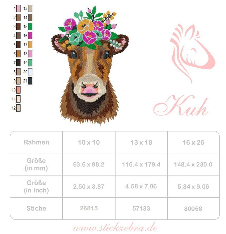 Kuh Stickdatei mit Blumenkrone – ländlich, fröhlich und farbenfroh - Sewando