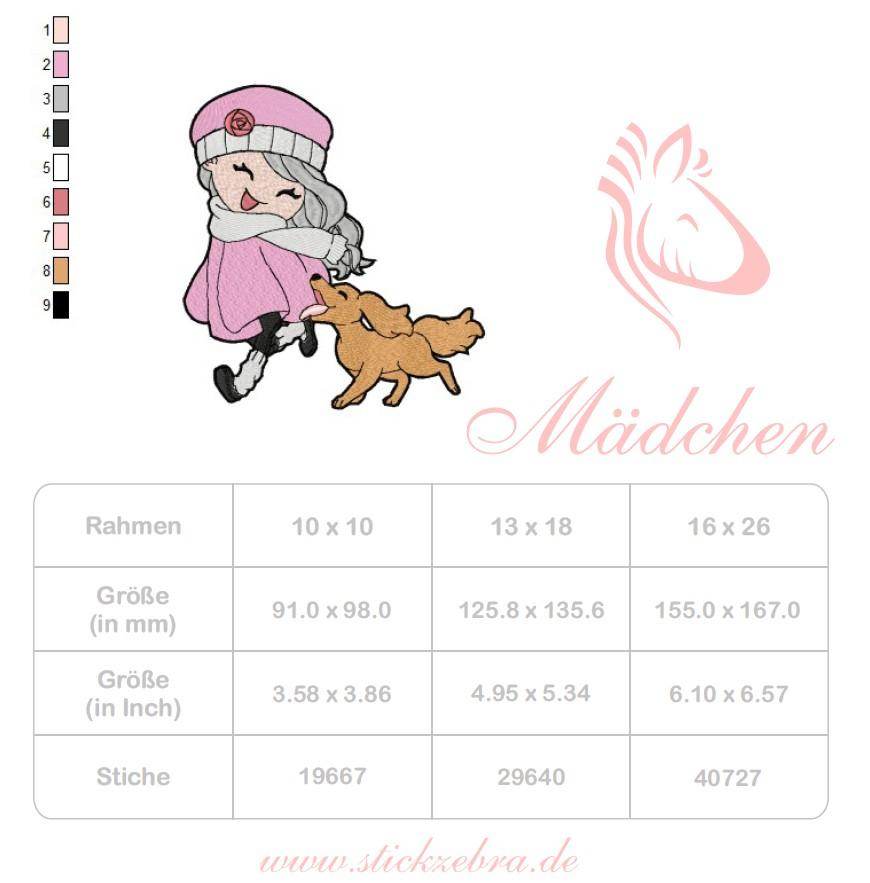 Mädchen Stickdatei – Winterliches Motiv mit Hund und ganz viel Herz - Sewando