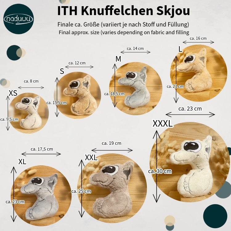 Stickdatei Knuffelchen Skjou Set mit 7 Größen, ITH Stickdatei Kuscheltier - Sewando