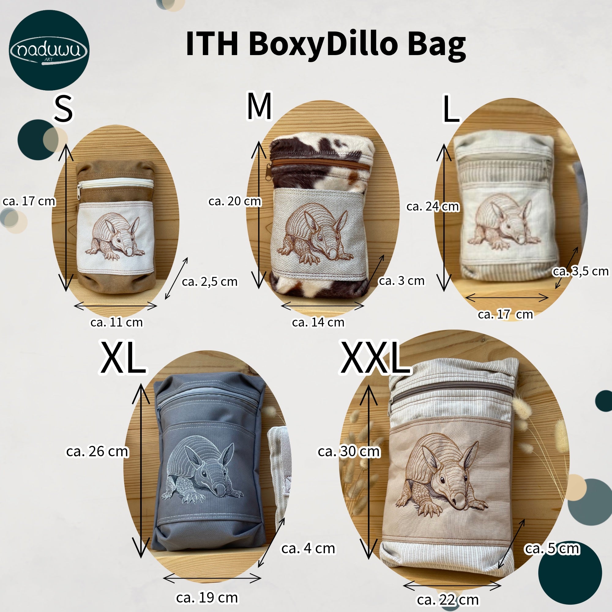 Stickdatei BoxyDillo Bag Set mit 5 Größen, ITH Tasche mit Reißverschluss - Sewando