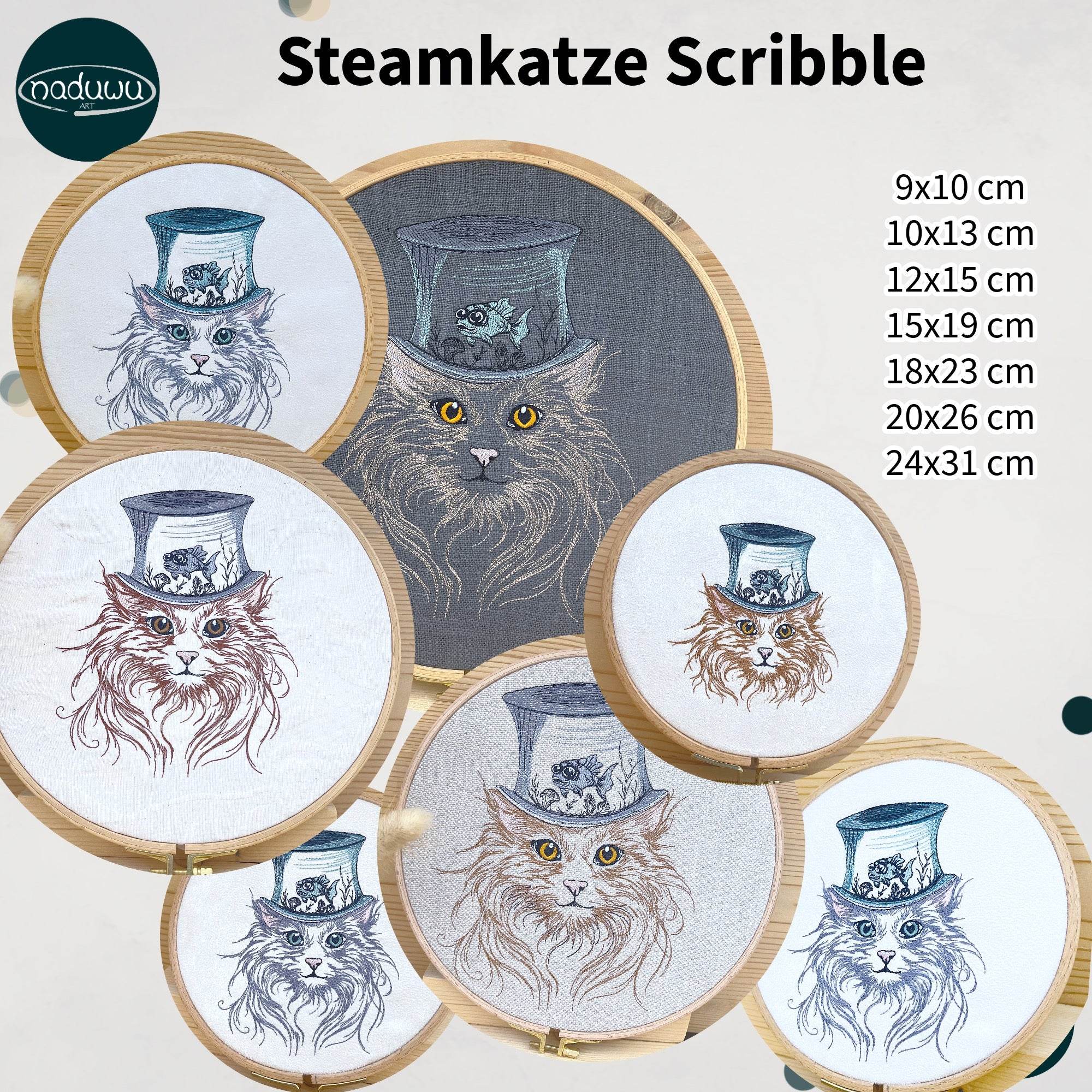 Stickdatei Katze Steampunk Set 7 Größen, Steampunkkatze Scribble ab 9x10 - Sewando