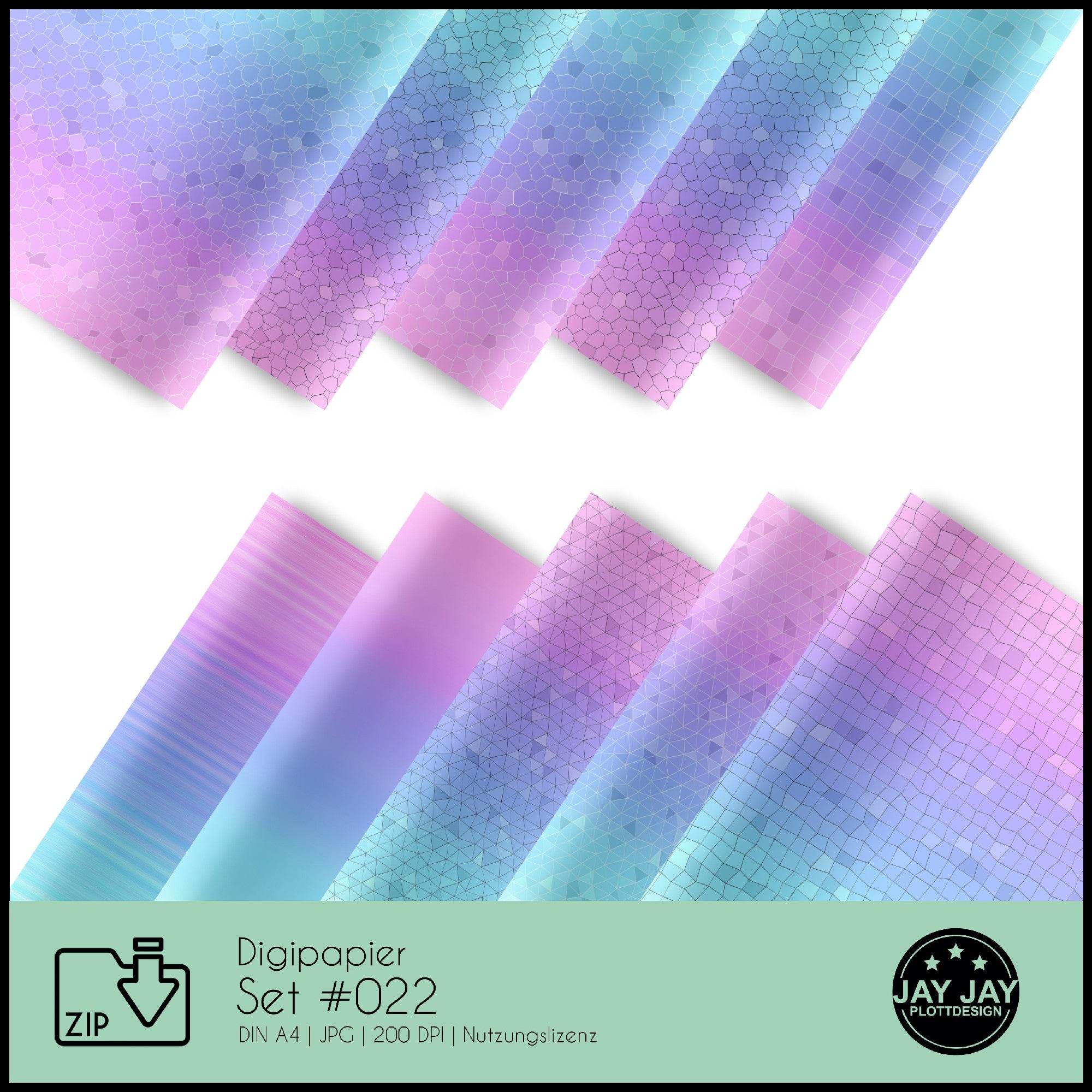 Digipapier-Set #022 (rosa, pink, lila, blau, türkis) zum drucken, sublimieren und basteln - Sewando