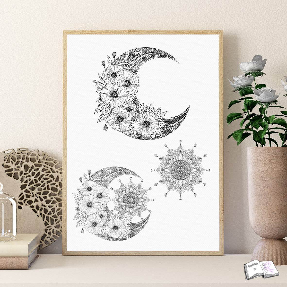 Digiset Mandala Mond mit Mohn, Digipapier, Digistamp - Sewando