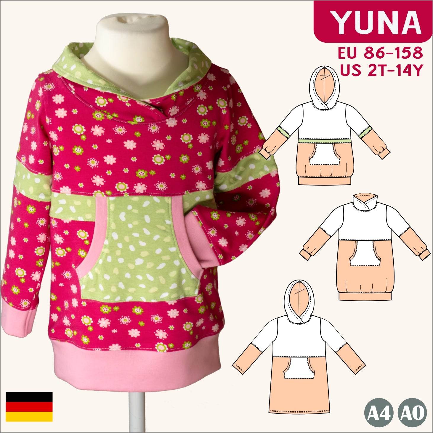Schnittmuster Yuna – Sweatkleid oder Longhoodie mit Teilungsnähten Gr. 86-158 - Sewando