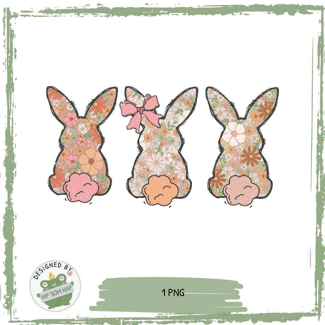 Bügelbild Drei florale Osterhasen – Frühlingshafte PNG Datei für DIY & Kleidung - Sewando