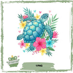 Tropisches Sublimationsdesign „Floral Sea Turtle“ – bunte Meeresschildkröte mit Hibiskus & Palmen 🌴🐢 - Sewando